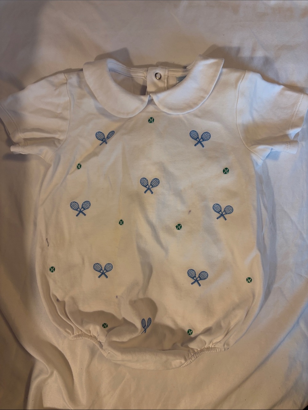 Edgehill Collection White Bubble Romper with Blue Tennis Racket Embroidery
